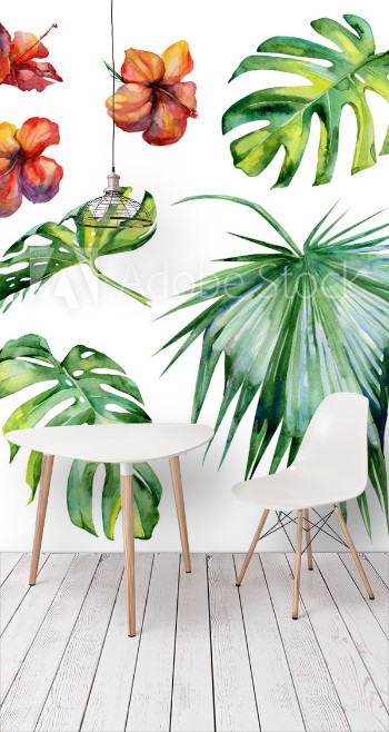 Picture of Watercolor illustration set of tropical leaves dense jungle Hand painted Banner with tropic summertime motif may be used as background texture wrapping paper textile or wallpaper design